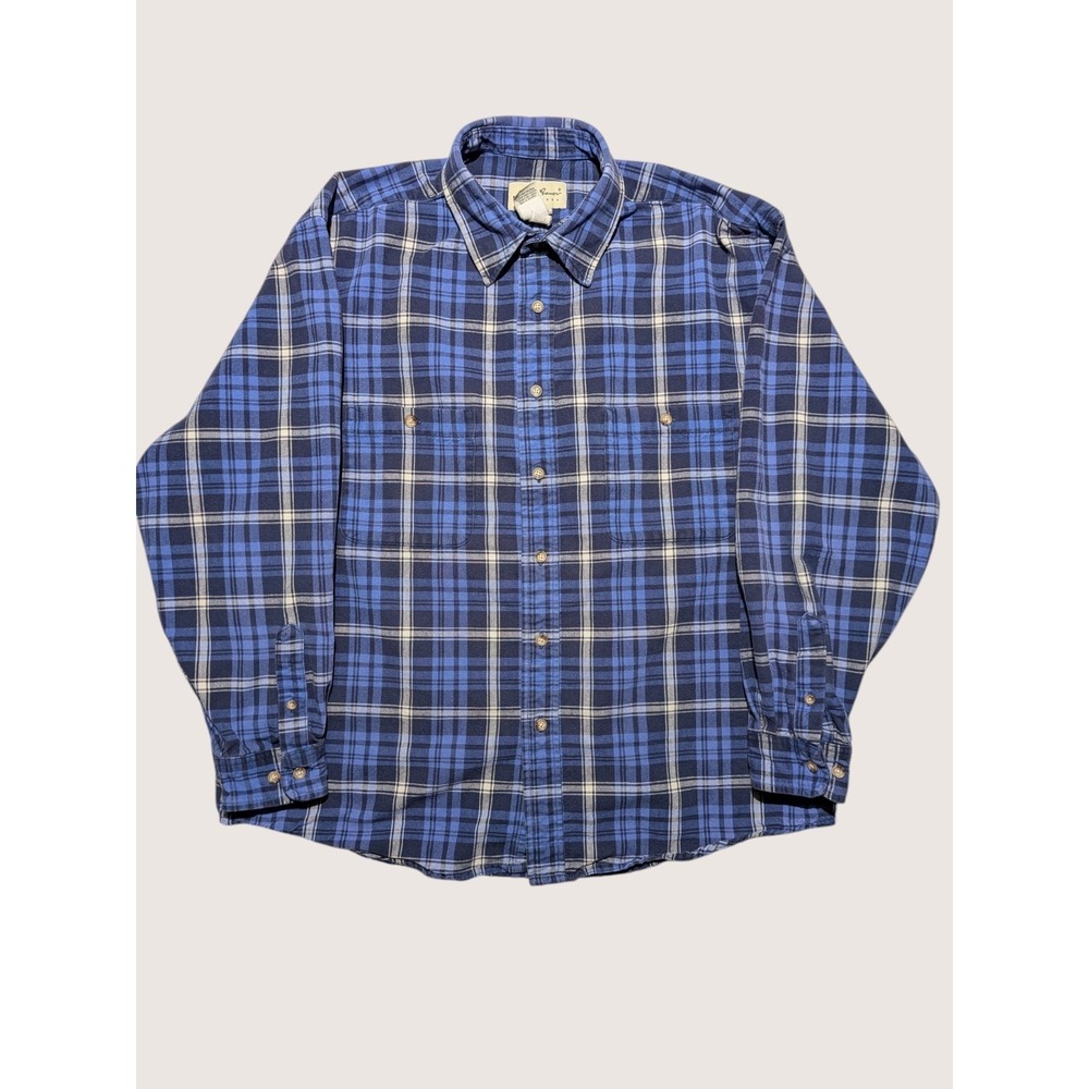 Vintage Eddie Bauer Heavy Cotton Plaid Shirt Mens L Blue Button Up Outdoor Workw